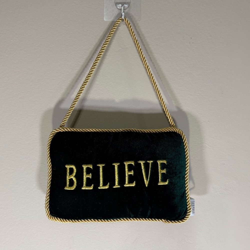 Mini Pillow Door Hanger Green Velvet Gold Embroidery BELIEVE